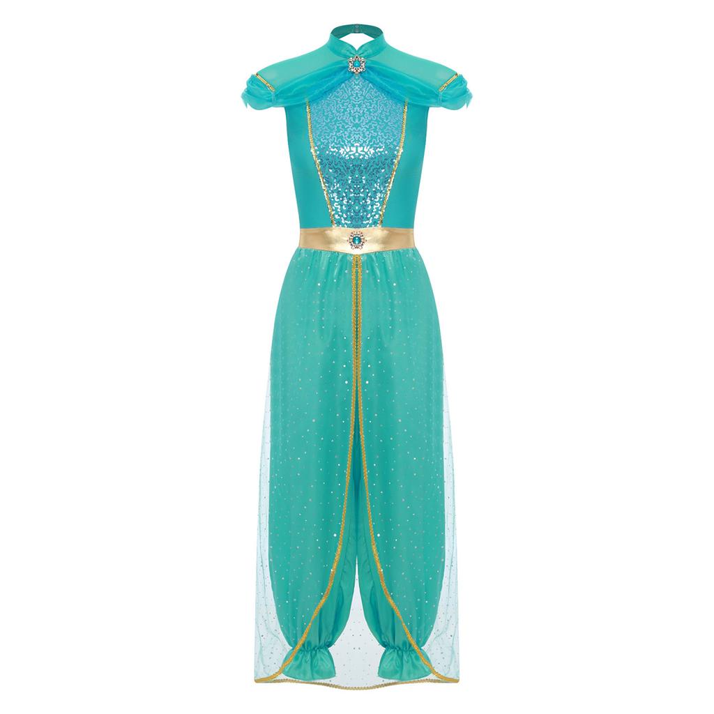 Женский комбинезон арабской принцессы, украшенный драгоценностями, с блестящей накидкой, цельный ромпер, костюм для танца живота на Хэллоуин