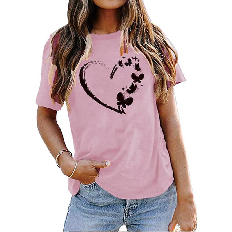 Women's Summer T-shirt Blue Heart Printed Short Sleeved T-shirt Casual Printed Top