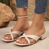 Square Head Open Toe Cross One Word Drag Large Size Thick Heel Slippers Female External Wear Middle Heel Sandal Drag