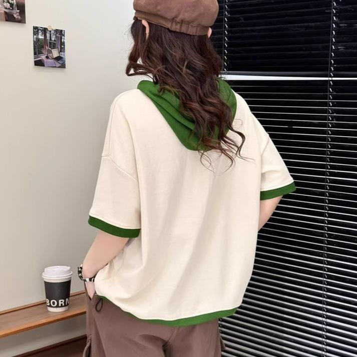 Dimanaf 2025 Летняя футболка женская с капюшоном и принтом букв, свободная, с коротким рукавом, белая, черная