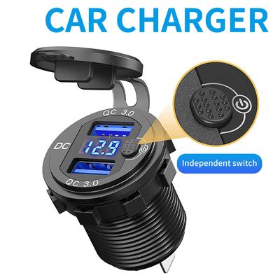 Автомобильное зарядное устройство QC3.0 с двумя USB-портами для прикуривателя, водонепроницаемое, с переключателем вольтметра, адаптер для быстрой зарядки 12/24 В, автомобильные аксессуары