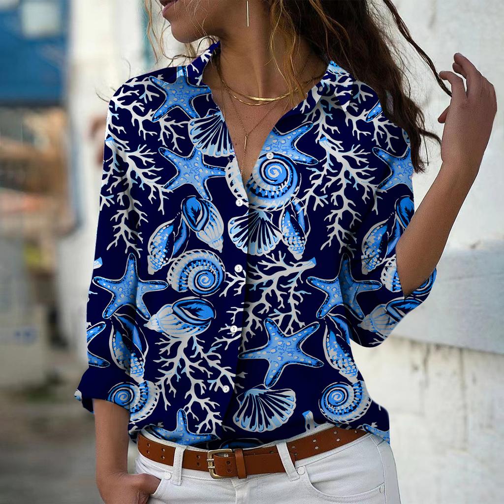 Conch Print Women Blouse Spring Autumn Femme Office Lady Button Up Turn Down Collar Shirts