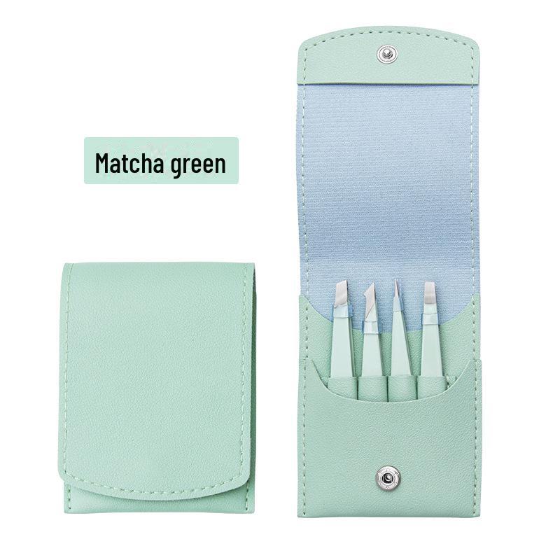 4-Piece Stainless Steel Eyebrow Tool Set with Logo: Tweezers (Oblique & Straight) and Scissors.