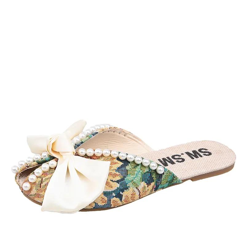 Тапочки Baotou Floral Half Flat женские уличные летние новые модные сандалии на одну ногу с жемчужным бантом и мягкой подошвой для женщин 2024