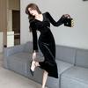 Spring Autumn V-neck Elegant Fashion Velvet Black Dress Women Long Sleeve Temperament Waist Robe Vestidos