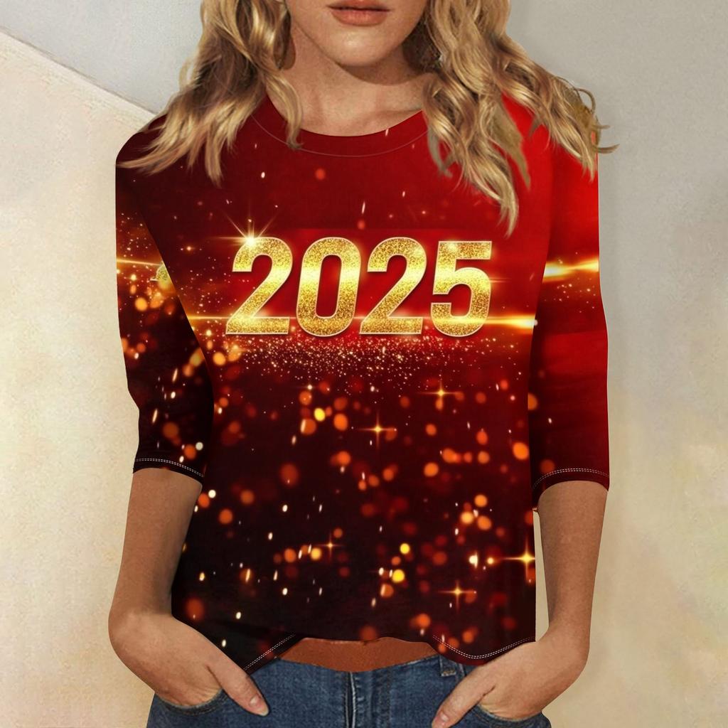 Women's Fashion Casual Three-quarter Sleeve New Year Printed Round Neck Top New Year 2025