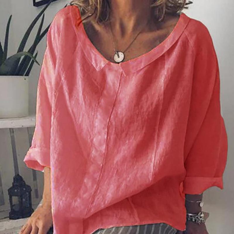 Cotton Women Blouses Summer Long Sleeve Solid Color Blouse Turn Down Collar Shirts Plus Size Top