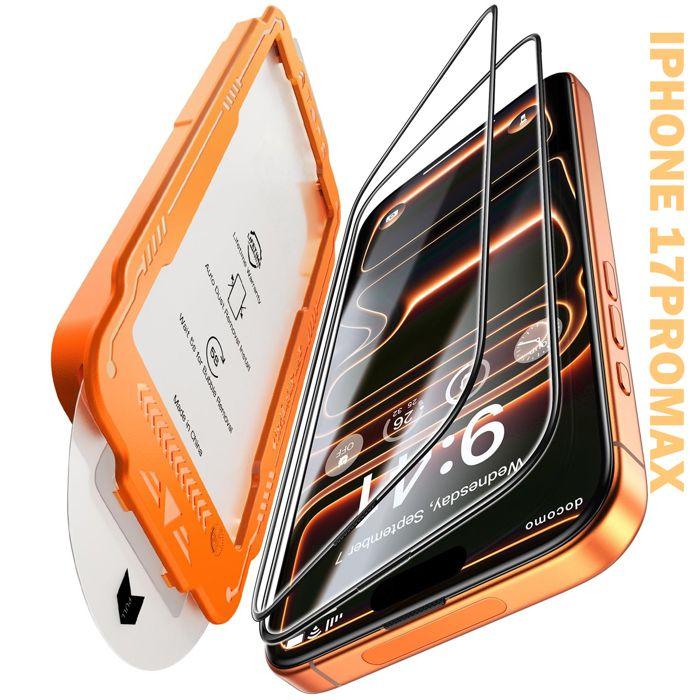 Protège‑écran verre trempé - iPhone 17 Pro Max - Au‑delà de 9H (12×) - Résiste chutes 3,6 m - Bords noirs 3D 1:1