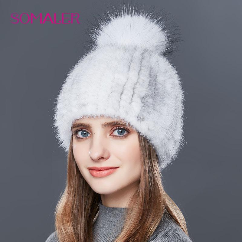 SOMALER Real Mink Fur Hat Female High Quality Thick Warm Winter Hats For Women Fashion Luxury Fur Pompom Beanies