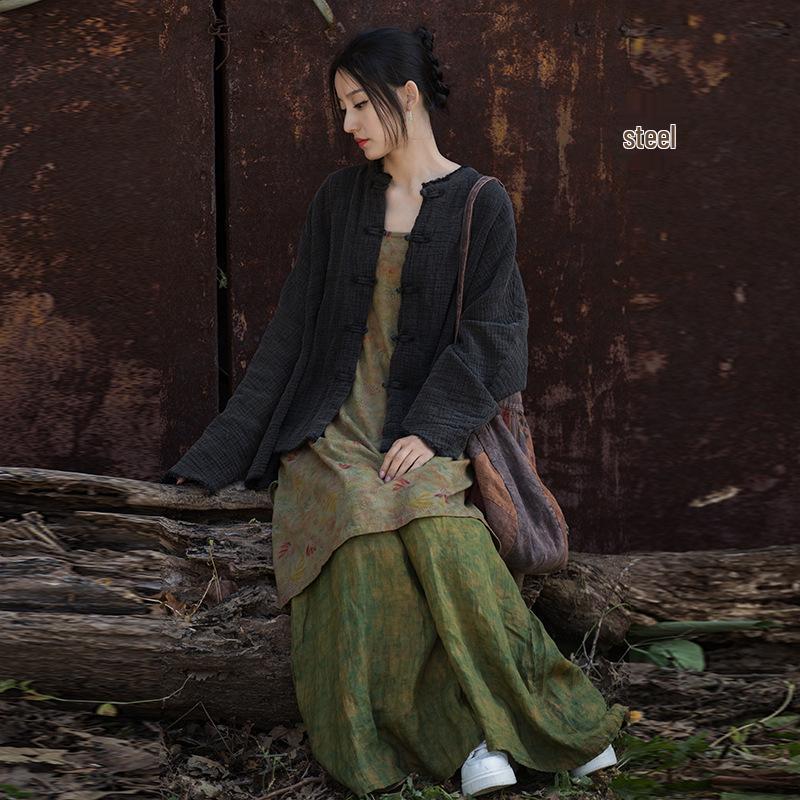 Women's Spring Cotton Linen Jacket - Wrinkled Texture, Over-dyed, Distressed, Perfect for Home, Travel, Zen Meditation