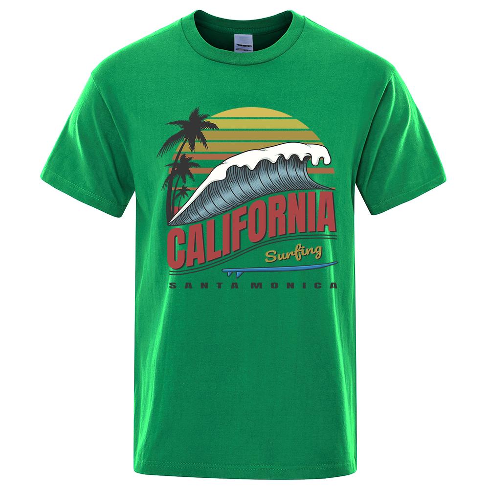 California Surfing Santa Monica Beach Printed Clothes Men Breathable Oversize T-Shirt Summer Cotton Tee Clothes Crewneck T-Shirt