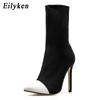 Fashion Eilyken Spring Autumn Stretch Fabric Short Ankle Boots Women Pointed Toe High Heels Slip On Sexy Sock Zapatillas Mujer