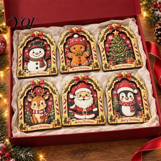 Solid Wood Holiday Decorations Christmas Wooden Vintage Sign, Rustic Table Ornament, 2D Santa Claus Hanging Ornaments Snowman Penguin Desktop Sign for