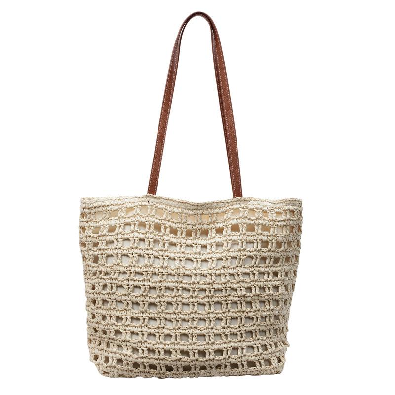 New Waffle Grid Straw Bag Lazy Wind Hollow Paper Rope Shoulder Woven Bag Large Capacity Casual Beach Women's Bag
