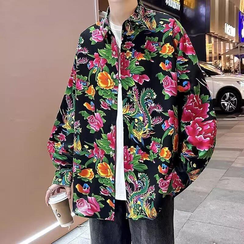 Northeast Big Flower Shirt Spring And Autumn Long-Sleeved Peony Flower Shirt Festive Clothes Funny Trend Retro Ethnic Style Coat