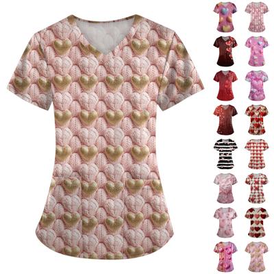 Женские модные топы с короткими рукавами и V-образным вырезом с принтом, рабочие футболки с карманами