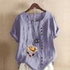 Women's Fashion Round Neck Short Sleeve T-shirt Casual Cotton Linen Graphic Shirt Leisure Loose Flower Prined Summer Blouse Tops