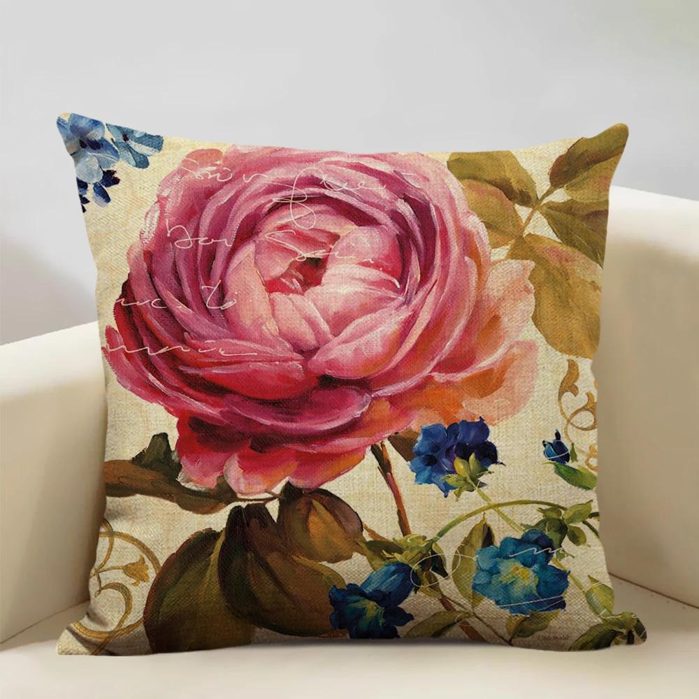 Чехол для подушки в стиле ретро 45x45 см, льняная наволочка для гостиной, декоративная наволочка с цветочным узором для сиденья автомобиля