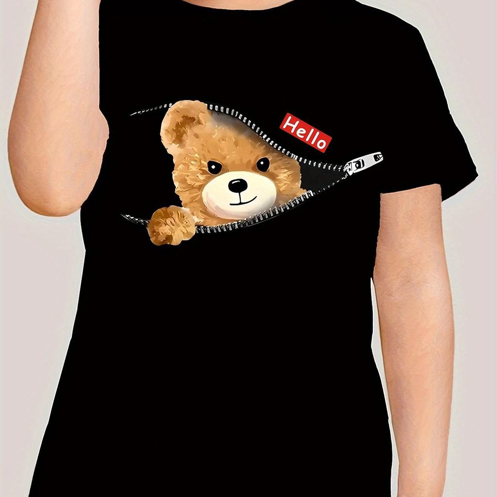 Креативные футболки с графическим принтом «Мультяшный кот и медведь», удобная футболка с круглым вырезом и коротким рукавом, детская одежда, летние топы для девочек