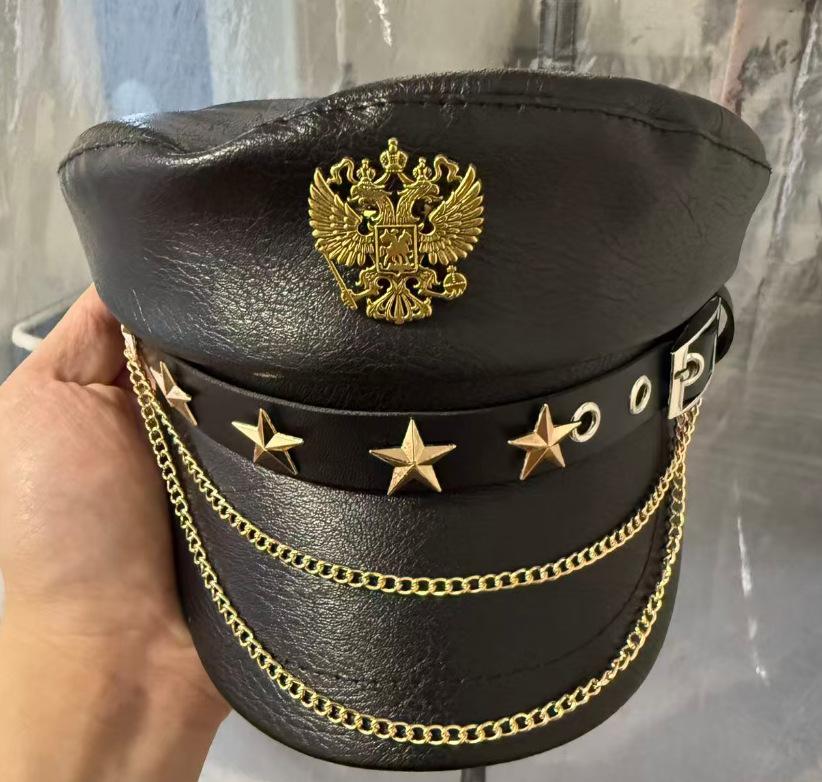 Европейские и американские шляпы женские из ПУ кожи модная цепочка темно-синяя шляпа ретро универсальная стиль Пайк древняя плоская верхняя крышка-солнцезащитный козырек