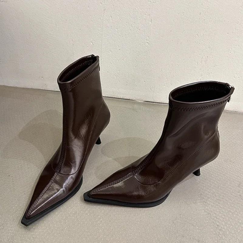 Pointed Toe Solid Women's Boots Zipper High Heels Ladies Shoes 2024 High Quality Autumn Short Barrel Versatile Women's Boots