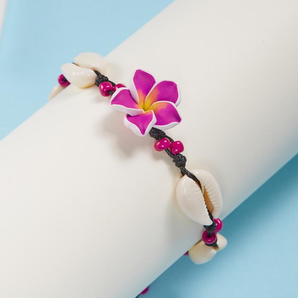 Boho Pink Frangipani Flower Bracelet for Women Natural Cowrie Shell Handmade Braided Rope Bangle Summer Beach Party Jewelry Gift