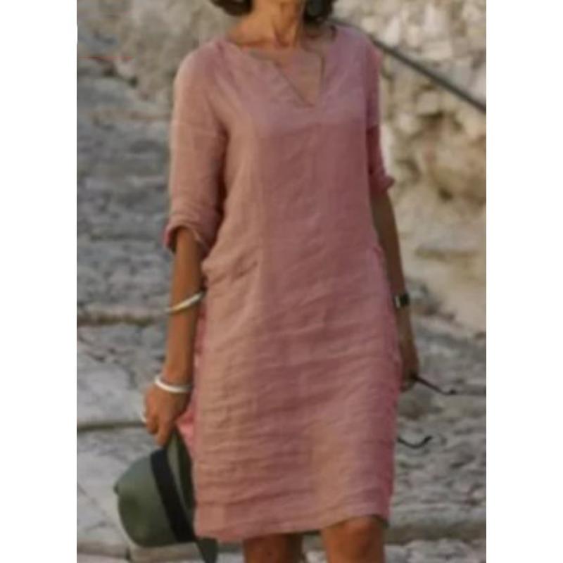 Летнее повседневное платье из хлопка и льна с v-образным вырезом, женское элегантное платье больших размеров с коротким рукавом, женское модное однотонное свободное платье трапециевидной формы, женское 1033