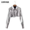 Весна Осень Женская мода блестящая рубашка стиль короткая куртка