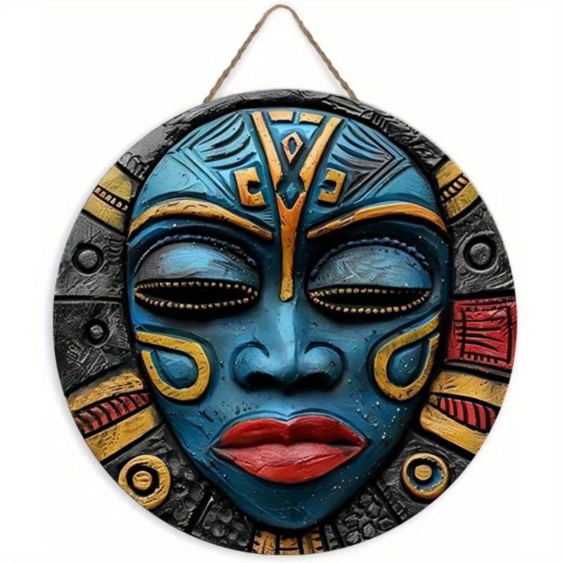 Wood Unique African Mask Circular Wooden Sign with Artistic Design, Suitable for Door, Wall, Home, Room, Farmhouse, Street, Shop, Garage, Bar, Garden