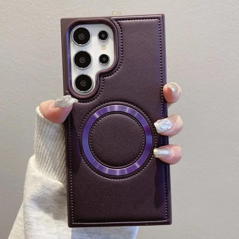 For Wireless Charging Phone Case for Samsung Galaxy S24 Plus S24 Ultra PU Leather Magnetic Anti Fall Protective Cover Cases