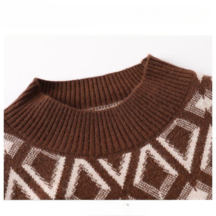 Жаккардовый короткий свитер, женский свободный вязаный свитер, осенне-зимний стильный трикотажный базовый свитер с полувысоким воротом