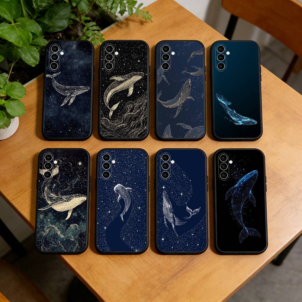 Line W-Whale Phone Case For Samsung Galaxy A73,A72,A71,A70,A53,A52,A51,Soft Silicone Black Cover