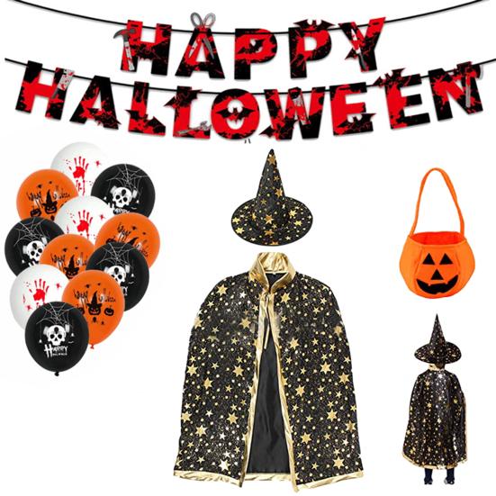 Child Witch Costume Unique Anime Cosplay Cape Hat Set Sparkling Pentagram Design with Pumpkin Bag Halloween Party Supplies