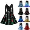 Women's Vintage Classic Dress Neck Waist Bow Tie Long Sleeves Christmas Printed V-Neck Swing Dress