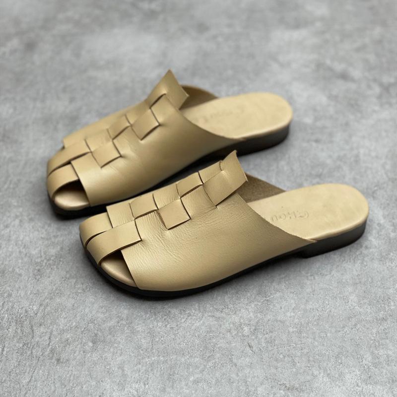 Johnature Плетеные тапочки на плоской подошве из натуральной кожи ручной работы. Женская обувь с круглым носком и мягкой подошвой. Уличные шлепанцы в стиле ретро.