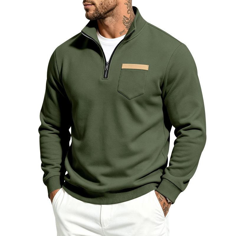 Men’s Autumn/Winter Heavyweight Fleece-Lined Minimalist Retro Stand-Up Collar Pocket Casual Loose-Fit Sports Sweatshirt