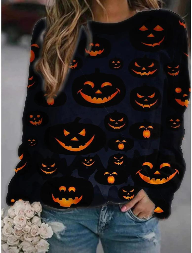 2025 Autumn and Winter Halloween Element Explosion 3D Digital Printing Women's Crew Neck Sweater