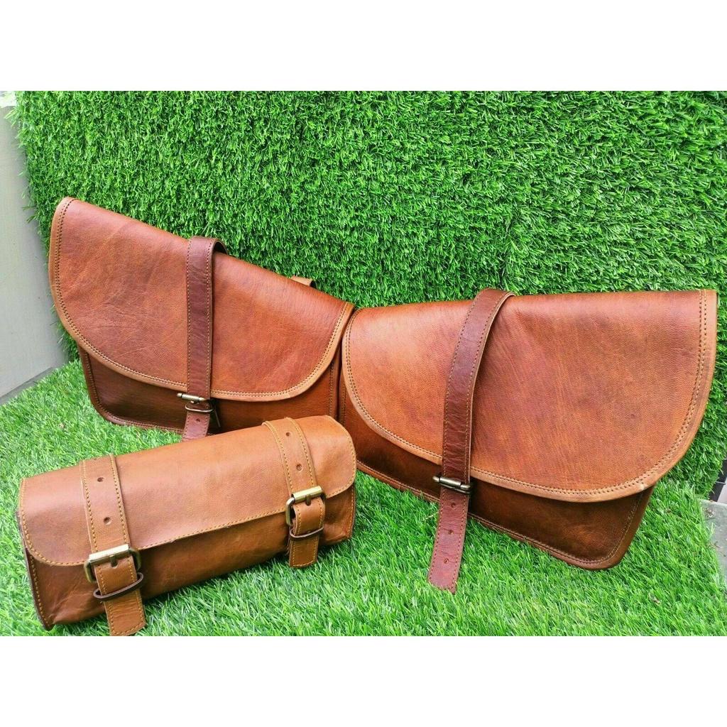 Combo Brown Vintage Leather 3 Saddle Bag Motorcycle Swing Arm Storage Tool Pouch