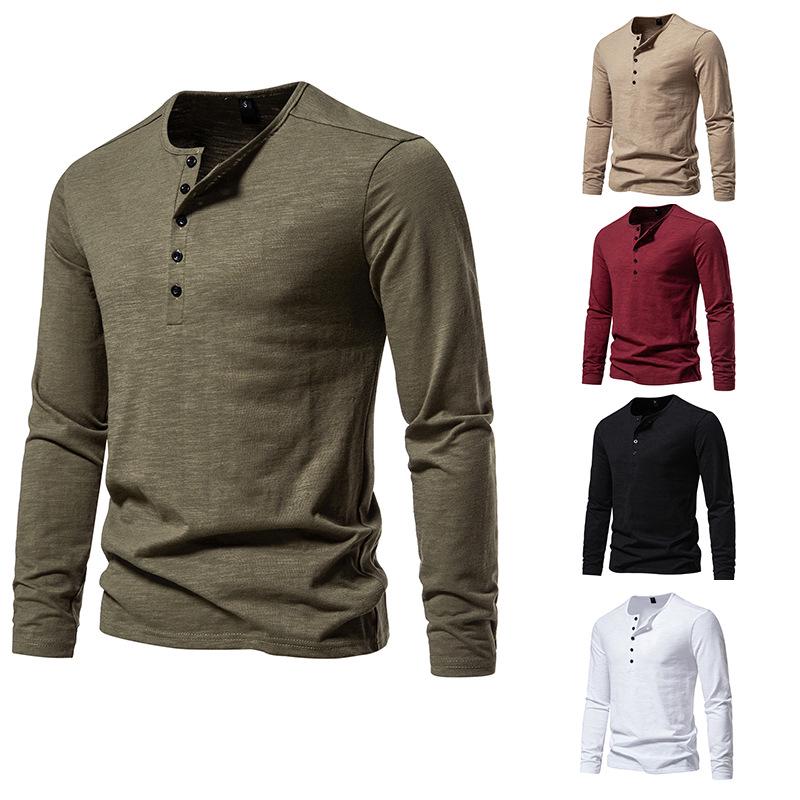 2023 Autumn Men's Five-Button Solid Color Long-Sleeve Casual T-Shirt