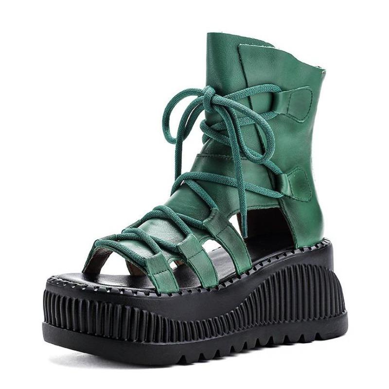 Модные 8 см Этнические Коровьи Натуральная Кожа Ботильоны Женские Полые Пикантный Носок Платформа Танкетка Дышащие Молния Летняя Мода Женская Обувь