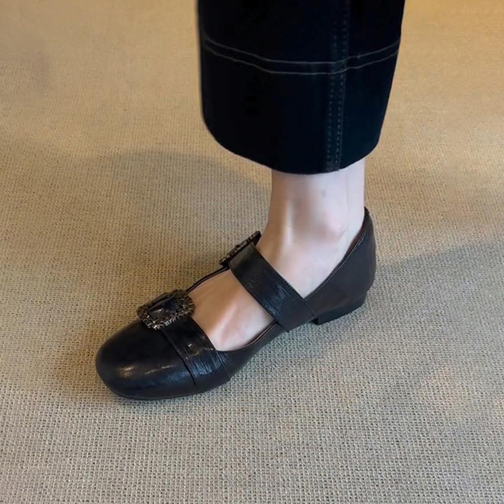 Ретро туфли-лодочки с круглым носком и мелким вырезом, женские туфли на плоской подошве с ремешком, черные, универсальные туфли Мэри Джейн