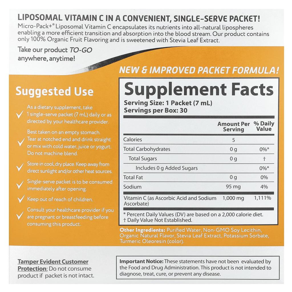 Aurora Nutrascience Микро-Пак+, Липосомальный Витамин С, 1000 мг, 30 жидких пакетиков, 7 мл (0,24 жидких унций) каждый.