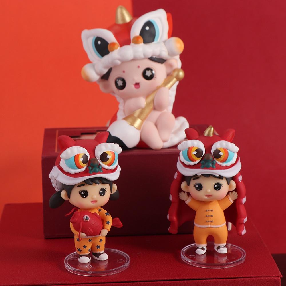 Мальчик и девочка Танец льва Статуя мальчика Китайский стиль Танец льва Украшения Весенний фестиваль