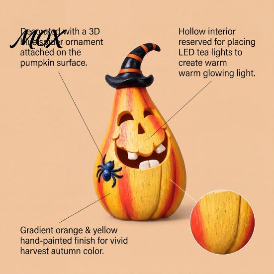 Small Figurine for Shelf Halloween Smiling Pumpkin Ornament with Wizard Hat And Spider, Resin Decorative Pear-shaped Figurine, Retro Statue