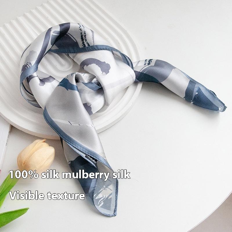 53Cm Satin Blue Printed Silk Neck Small Square Scarf 100 Mulberry Silk Scarf OL Versatile New Silk Scarf