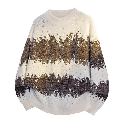 Пуловеры С длинными рукавами Свитера Унисекс Свитер Осень и Зима Градиентный цвет Шерстяной свитер Для пар Свободный Круглый вырез Базовый вязаный свитер Мужской