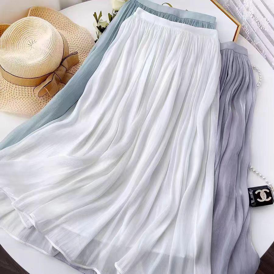 Women Elegant Midi Pleated Skirts Women Korean High Waist Summer Ladies Satin Maxi Skirt Female Faldas