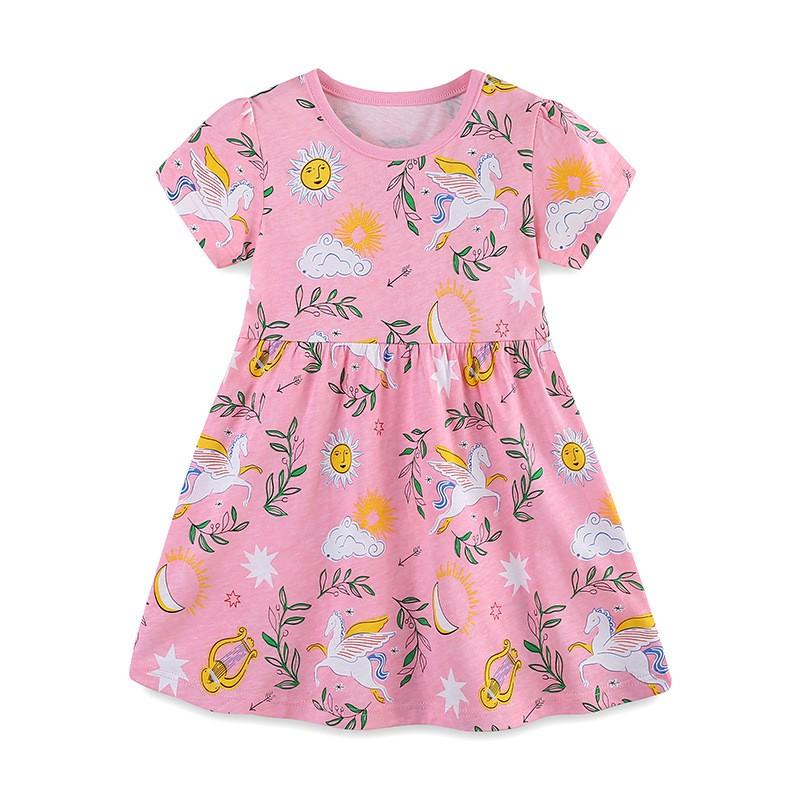 Girls Short Sleeve Dress Cartoon Unicorn Print Princess Style 2-7Y Kids