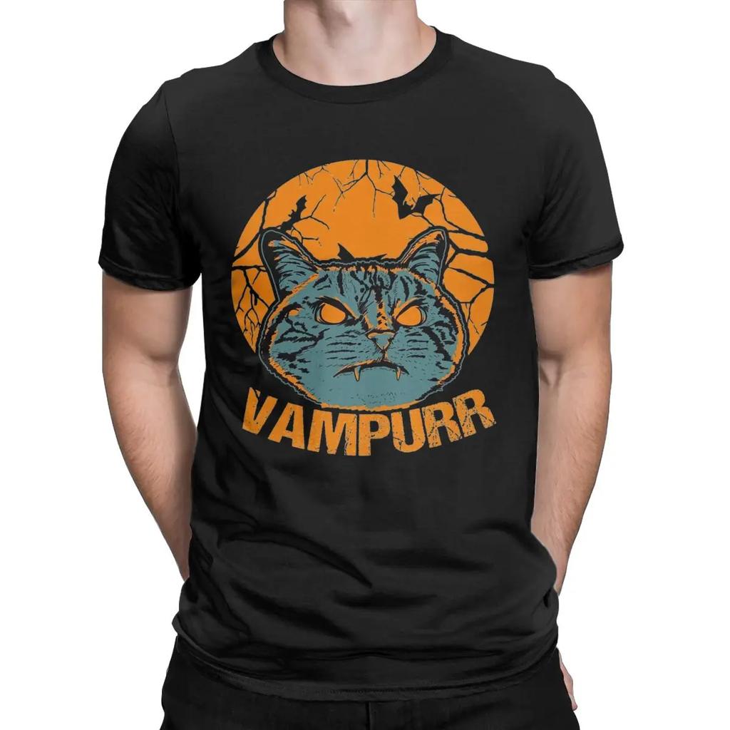 Vampurr Funny Halloween Black Cat Men T Shirts Novelty Tees Short Sleeve Round Collar T-Shirts Pure Cotton Party Clothes