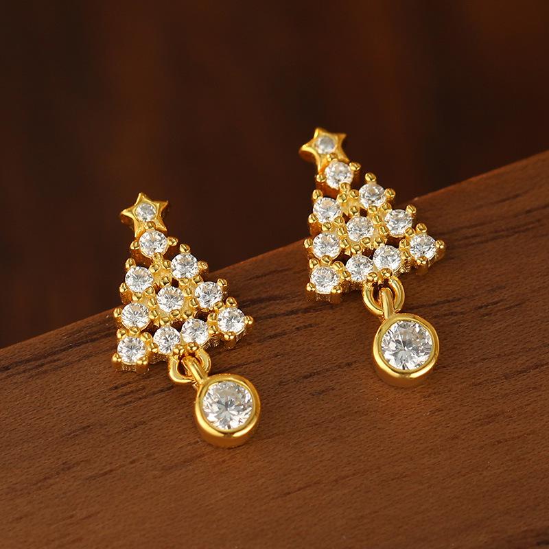 Роскошные серьги-пусеты из стерлингового серебра 925 пробы в виде рождественской елки и звезды с бриллиантами - Изысканный подарок в стиле мори для женщин